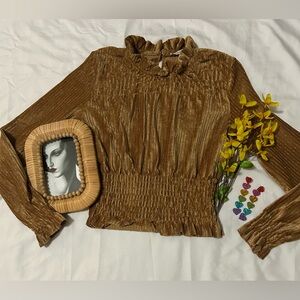 TopShow Women’s Gold Cinched Long Sleeve Blouse